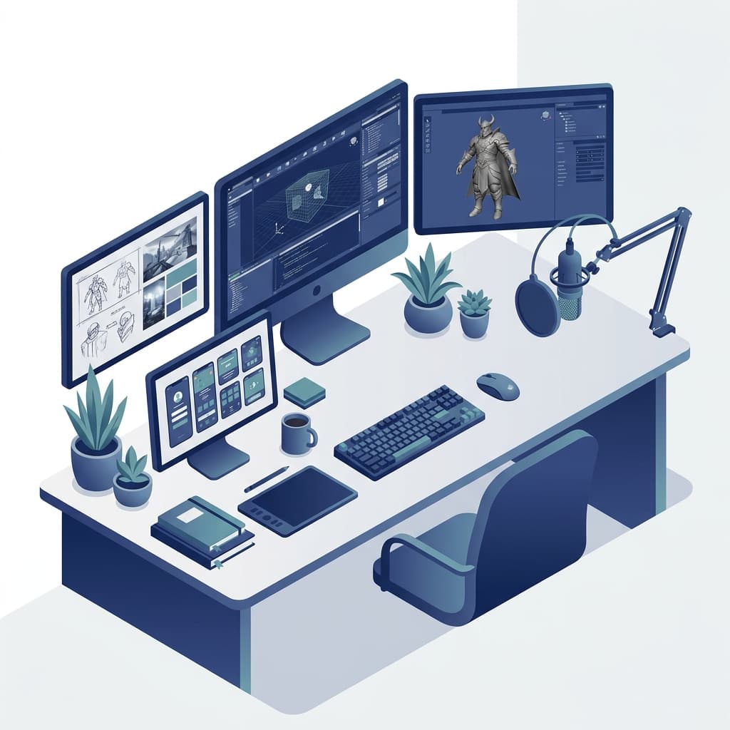 Modern game development workspace with UI mockups, 3D models, and game engine screens